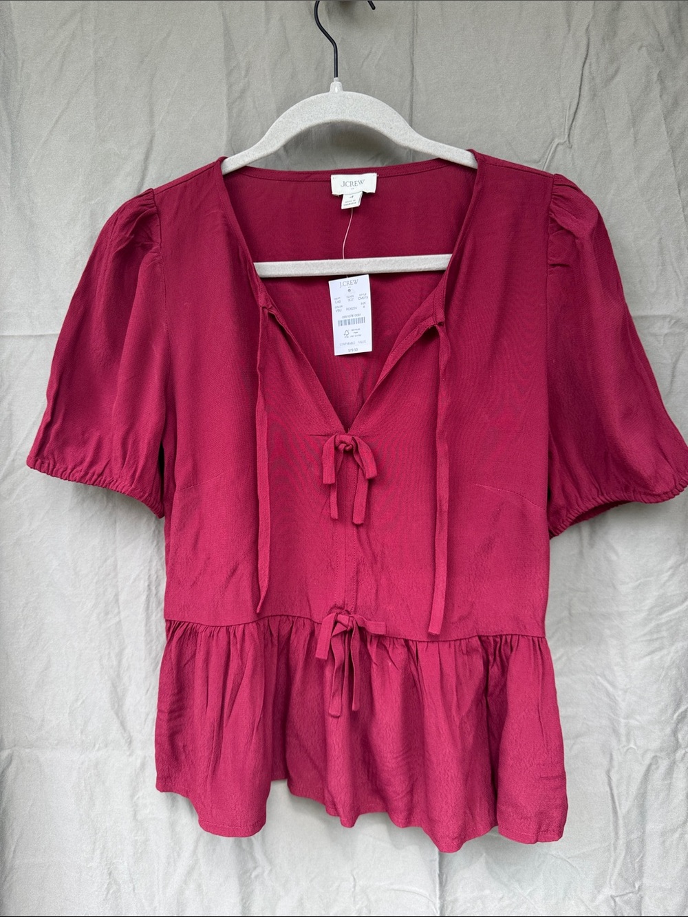 J. Crew Raspberry Tie-Front Peplum Top